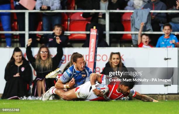 St Helens' Ben Barba scores a try during the Betfred Super League match at the Totally Wicked Stadium, St Helens.