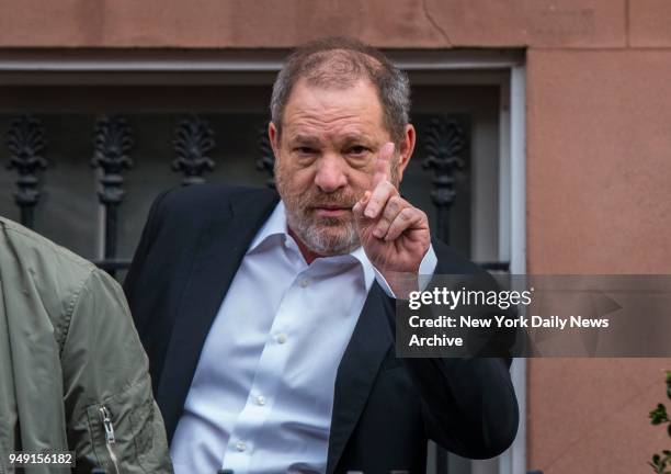 Hollywood Producer Harvey Weinstein, who is being accused of sexual assault by 22-year-old Italian model Ambra Battilana, leaves his apartment in the...