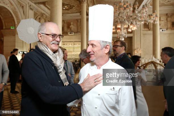Director Nikita Mikhalkov and chef Michel Lentz attend a Jury Breakfast of 40th Moscow International Film Festival at Cristal Room Baccarat on April...
