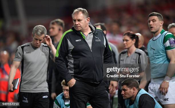 Falcons Director of Rugby Dean Richards and coach Dave Walder react during the European Challenge Cup Semi-Final match between Gloucester and...