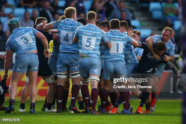 Royal Air Force Seniors and Royal Navy Senior XV players push and shove at Twickenham Stoop on April 20, 2018 in London, England.