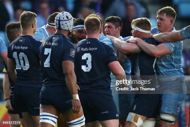 Royal Air Force Seniors and Royal Navy Senior XV players push and shove at Twickenham Stoop on April 20, 2018 in London, England.