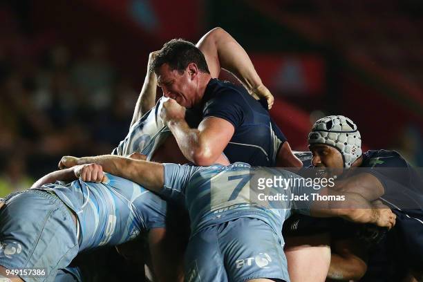 Royal Air Force Seniors and Royal Navy Senior XV players compete in a scrum at Twickenham Stoop on April 20, 2018 in London, England.