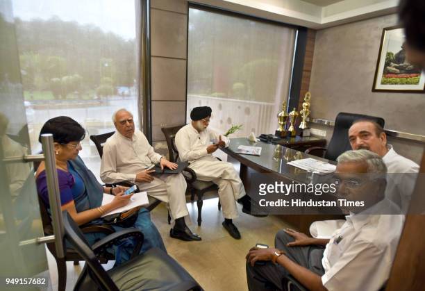 Congress leaders Ghulam Nabi Azad, Kapil Sibal, D. Raja , KTS Tulsi and others before addressing the media after an all party meet at Constitution...