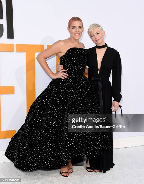 Actors Busy Philipps and Michelle Williams arrives at the premiere of STX Films' 'I Feel Pretty' at Westwood Village Theatre on April 17, 2018 in...