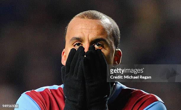 Gabriel Agbonlahor of Aston Villa looks dejected after a missed chance during the Barclays Premier League match between Aston Villa and Stoke City at...