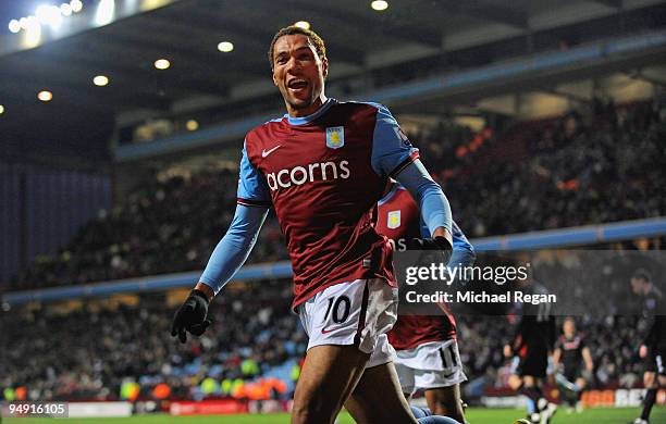 John Carew of Aston Villa celebrates scoring to make it 1-0 during the Barclays Premier League match between Aston Villa and Stoke City at Villa Park...