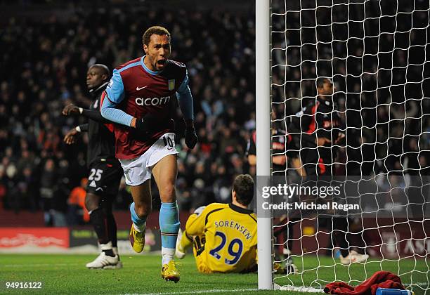 John Carew of Aston Villa celebrates scoring to make it 1-0 during the Barclays Premier League match between Aston Villa and Stoke City at Villa Park...