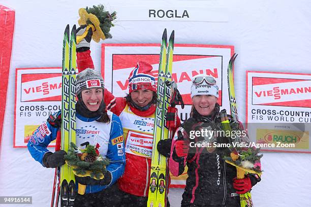 Marit Bjoergen of Norway takes 1st place, Justyna Kowalczyk of Poland takes 2nd place, Petra Majdic of Slovenia takes 3rd place during the Viessman...