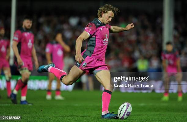 Billy Twelvetrees of Gloucester Rugby kicks a penalty during the European Challenge Cup Semi-Final match between Gloucester Rugby and Newcastle...