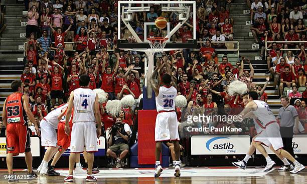 John Gilchrist of the 36'ers shoots a free throw during the round 13 NBL match between the Perth Wildcats and the Adelaide 36ers at Challenge Stadium...