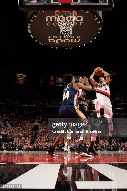 McCollum of the Portland Trail Blazers goes to the basket against the New Orleans Pelicans in Game Two of the Western Conference Quarterfinals during...