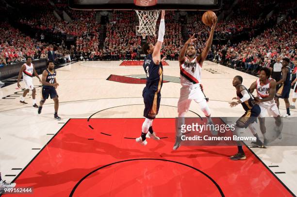 Maurice Harkless of the Portland Trail Blazers goes to the basket against the New Orleans Pelicans in Game Two of the Western Conference...