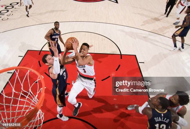 McCollum of the Portland Trail Blazers goes to the basket against the New Orleans Pelicans in Game Two of the Western Conference Quarterfinals during...