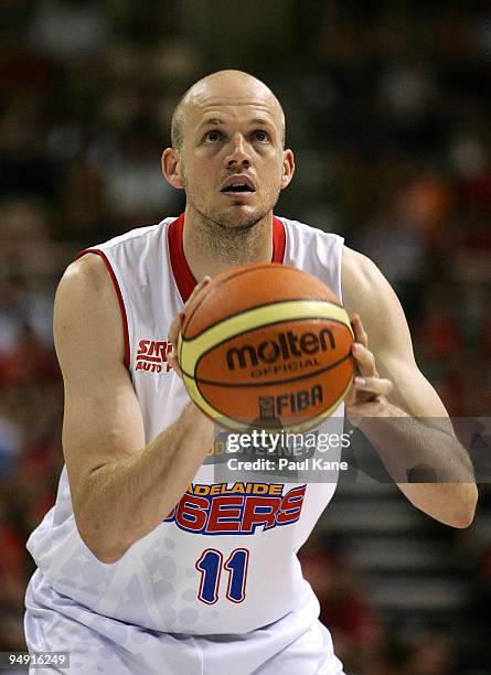 David Cooper of the 36'ers shoots a free throw during the round 13 NBL match between the Perth Wildcats and the Adelaide 36ers at Challenge Stadium...