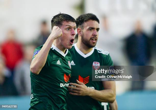 Dundalk , Ireland - 20 March 2018; Eoin Toal of Derry City, left, celebrates with Darren Cole after scoring his side's second goal during the SSE...