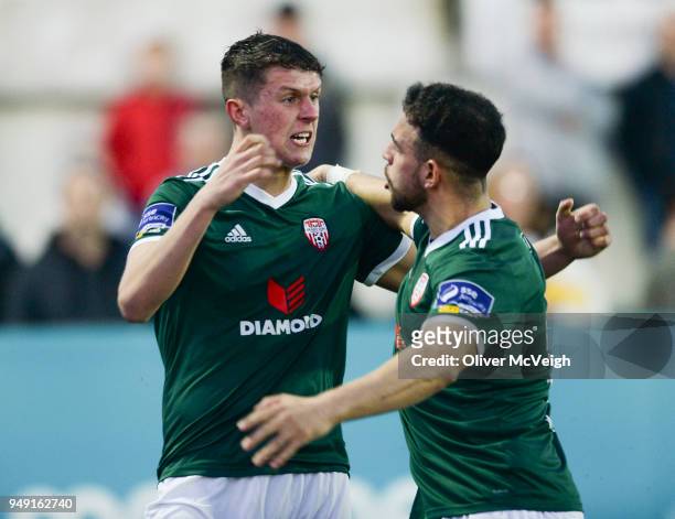 Dundalk , Ireland - 20 March 2018; Eoin Toal of Derry City, left, celebrates with Darren Cole after scoring his sides second goal during the SSE...