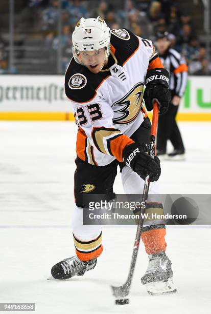 Jakob Silfverberg of the Anaheim Ducks shoots on goal against the San Jose Sharks during the first period in Game Four of the Western Conference...