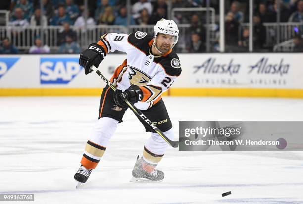 Francois Beauchemin of the Anaheim Ducks passes the puck up ice against the San Jose Sharks during the first period in Game Four of the Western...