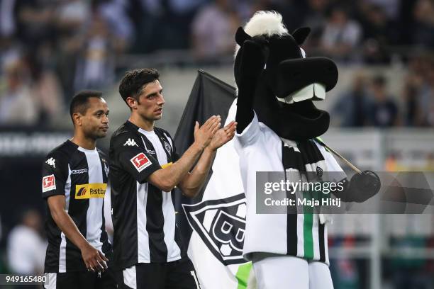 Raffael of Moenchengladbach and Lars Stindl celebrate after the Bundesliga match between Borussia Moenchengladbach and VfL Wolfsburg at Borussia-Park...