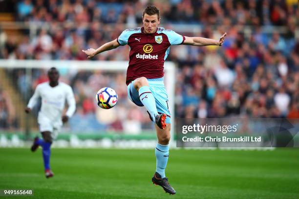 Chris Wood of Burnley in action during the Premier League match between Burnley and Chelsea at Turf Moor on April 19, 2018 in Burnley, England.