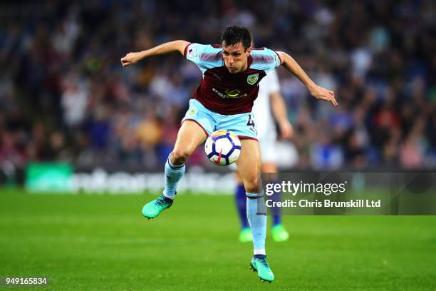 Jack Cork of Burnley in action during the Premier League match between Burnley and Chelsea at Turf Moor on April 19, 2018 in Burnley, England.