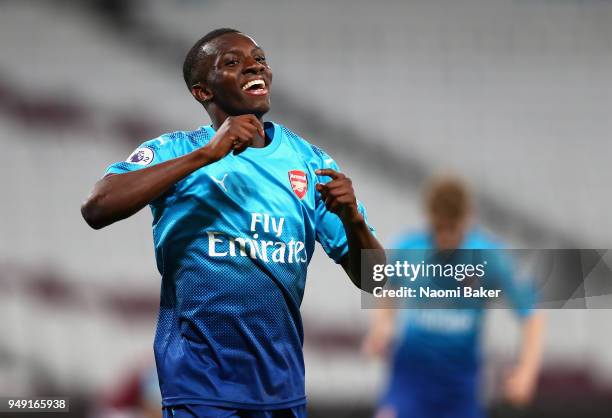 Eddie Nketiah of Arsenal celebrates after scoring his sides third goal during the Premier League 2 match between West Ham United and Arsenal at...