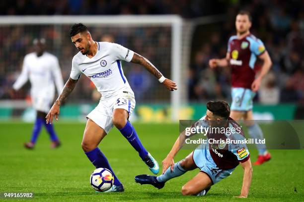 Matthew Lowton of Burnley in action with Emerson Palmieri of Chelsea during the Premier League match between Burnley and Chelsea at Turf Moor on...