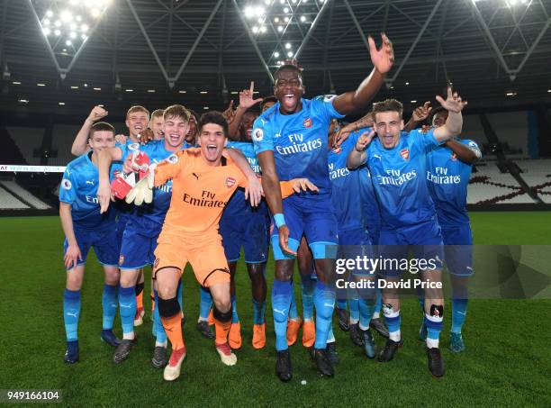 Arsenal U23s celebrate winning the league after the match between West Ham United and Arsenal at London Stadium on April 20, 2018 in London, England.