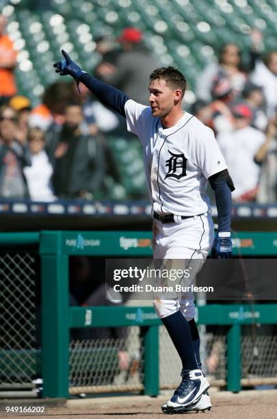 JaCoby Jones of the Detroit Tigers acknowledges the fans after hitting a walk-off home run in the 10th inning to defeat the Kansas City Royals 3-2...