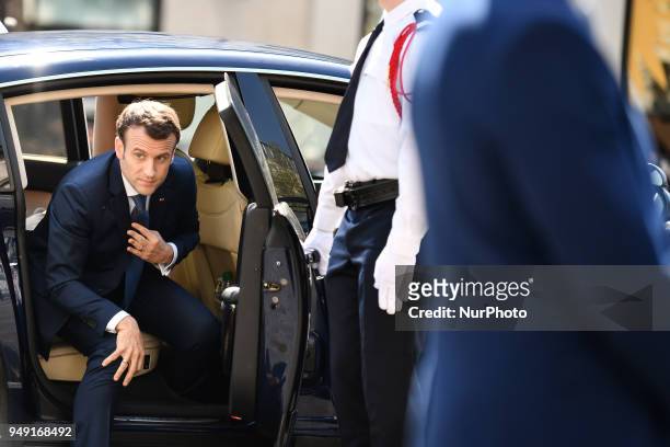 The President of the Republic, Mr Emmanuel Macron, arrives to attend a ceremony, on April 20 in tribute to Xavier Jugele, a French policeman killed...