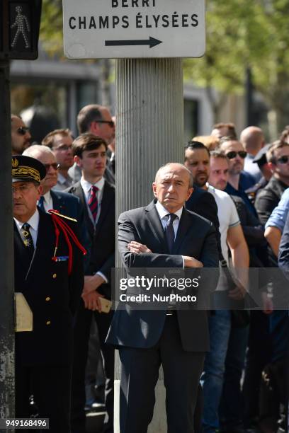 Le Ministre de l'interieur, Gerard Collomb attends tribute on Friday 20 April 2018 to the Police Captain, Mr Xavier Jugélé, of the 32nd Intervention...