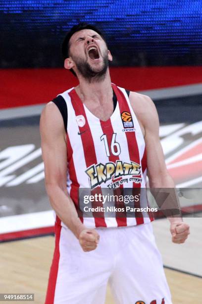 Kostas Papanikolaou, #16 of Olympiacos Piraeus in action during the Turkish Airlines Euroleague Play Offs Game 2 between Olympiacos Piraeus v...