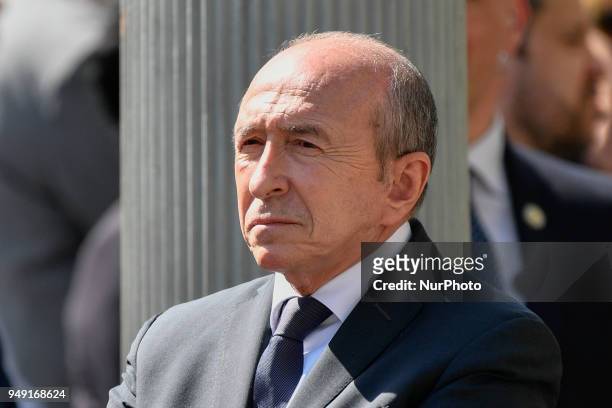 French Interior Minister Gerard Collomb during a ceremony, on April 20 in tribute to Xavier Jugele, a French policeman killed in an attack one year...