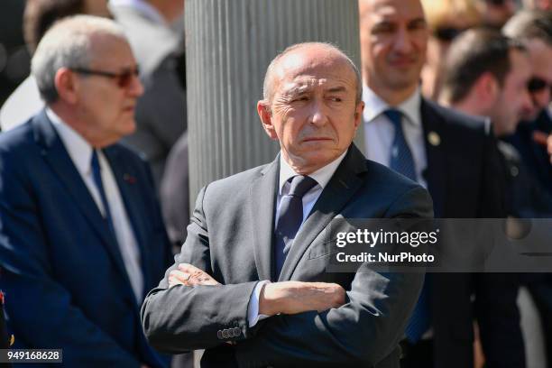 French Interior Minister Gerard Collomb during a ceremony, on April 20 in tribute to Xavier Jugele, a French policeman killed in an attack one year...