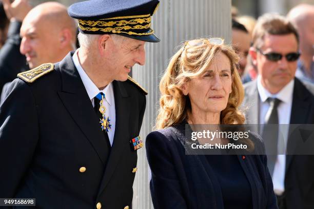 Justice Minister Nicole Belloubet during a ceremony, on April 20 in tribute to Xavier Jugele, a French policeman killed in an attack one year ago, on...