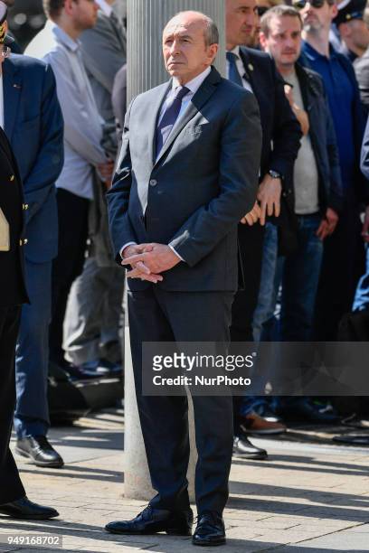French Interior Minister Gerard Collomb during a ceremony, on April 20 in tribute to Xavier Jugele, a French policeman killed in an attack one year...