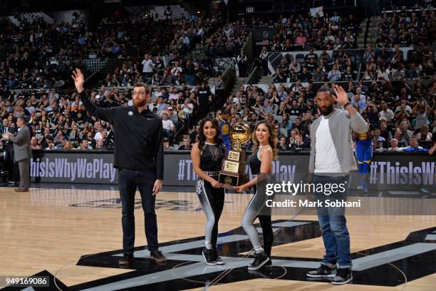 Matt Costello and Darrun Hilliard of the Austin Spurs during Game Three of the Western Conference Quarterfinals between the Golden State Warriors and...