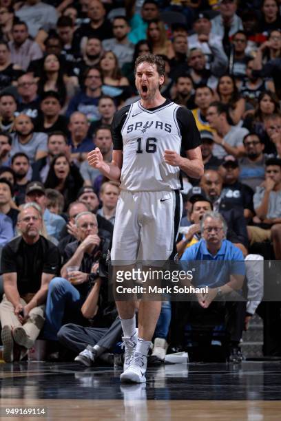 Pau Gasol of the San Antonio Spurs reacts to a play against the Golden State Warriors during Game Three of the Western Conference Quarterfinals in...
