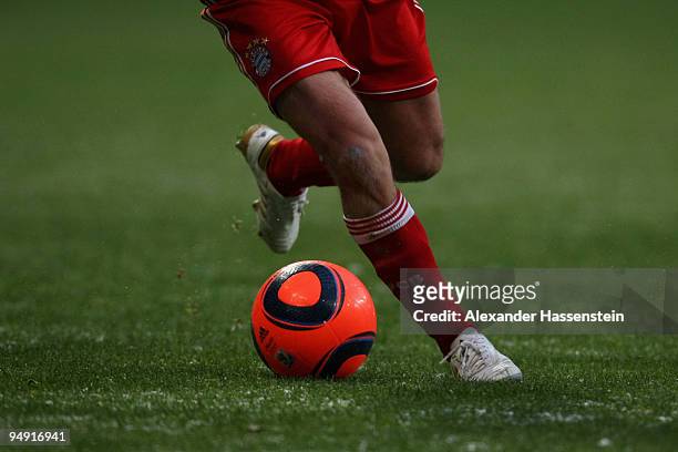 The winter edition of the official match ball 'Jabulani' for the 2010 FIFA World Cup is seen during the Bundesliga match between Bayern Muenchen and...