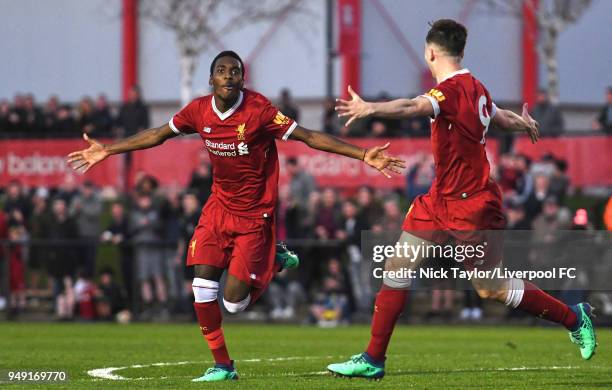 Rafael Camacho of Liverpool celebrates scoring Liverpool's second goal of the game with Liam Millar during the Liverpool v Manchester United U18...