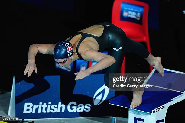 Rebecca Soni of USA dives during Day Two of the Duel in the Pool at The Manchester Aquatics Centre on December 19, 2009 in Manchester, England.