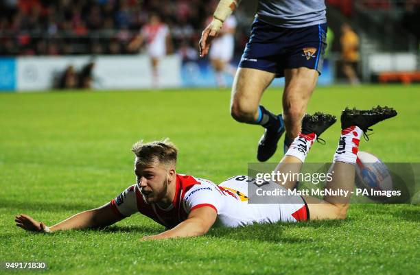 St Helens' Danny Richardson scores a try during the Betfred Super League match at the Totally Wicked Stadium, St Helens.