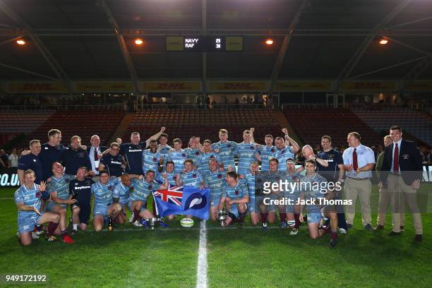 The Royal Air Force Seniors celebrate winning The Wavell Wakefield Cup at Twickenham Stoop on April 20, 2018 in London, England.