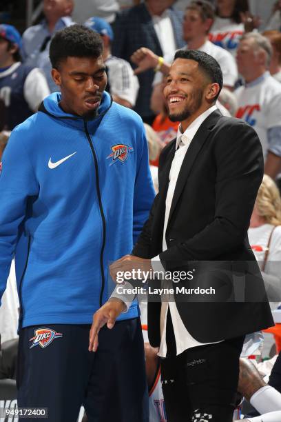 Dakari Johnson and Andre Roberson of the Oklahoma City Thunder look on against the Utah Jazz in Game Two of Round One of the 2018 NBA Playoffs on...