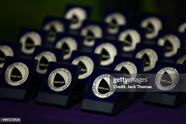 The Inter-Services Championship Medals are seen at Twickenham Stoop on April 20, 2018 in London, England.