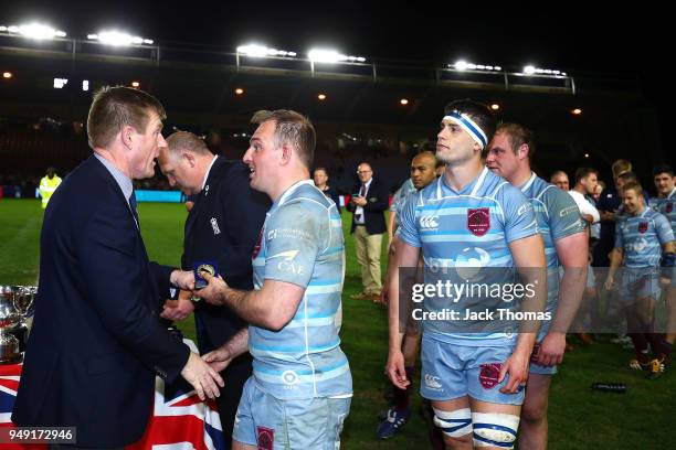 The Royal Air Force Seniors receive their Inter-Services Championship Medals at Twickenham Stoop on April 20, 2018 in London, England.