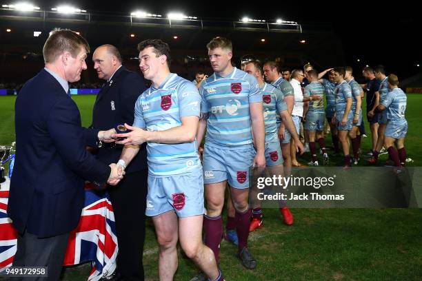 The Royal Air Force Seniors receive their Inter-Services Championship Medals at Twickenham Stoop on April 20, 2018 in London, England.