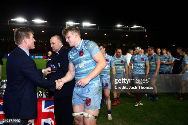 The Royal Air Force Seniors receive their Inter-Services Championship Medals at Twickenham Stoop on April 20, 2018 in London, England.