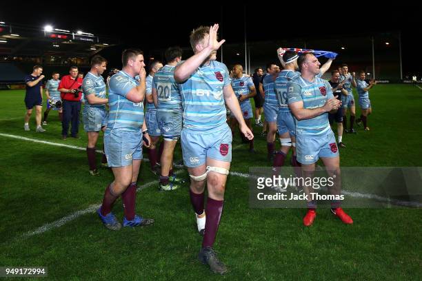 The Royal Air Force Seniors applaud fans at Twickenham Stoop on April 20, 2018 in London, England.